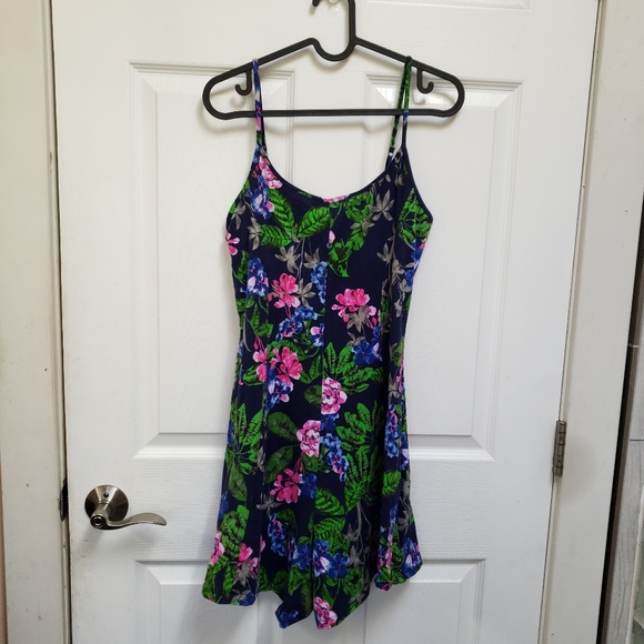 Express Pants - Express Blue Floral Hawaiian Sleeveless V-Neck Stretchy Romper